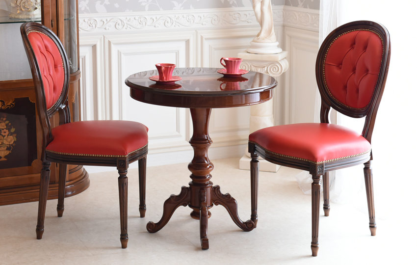 イタリア製 象嵌 円形 ダイニングセット3P 2人掛け 本革レッド