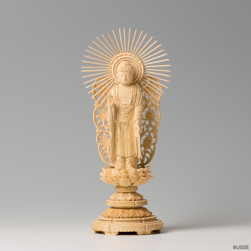 仏像 阿弥陀如来 西 柘植製/ツゲ 丸座 3寸 金泥書 浄土真宗 本願寺派