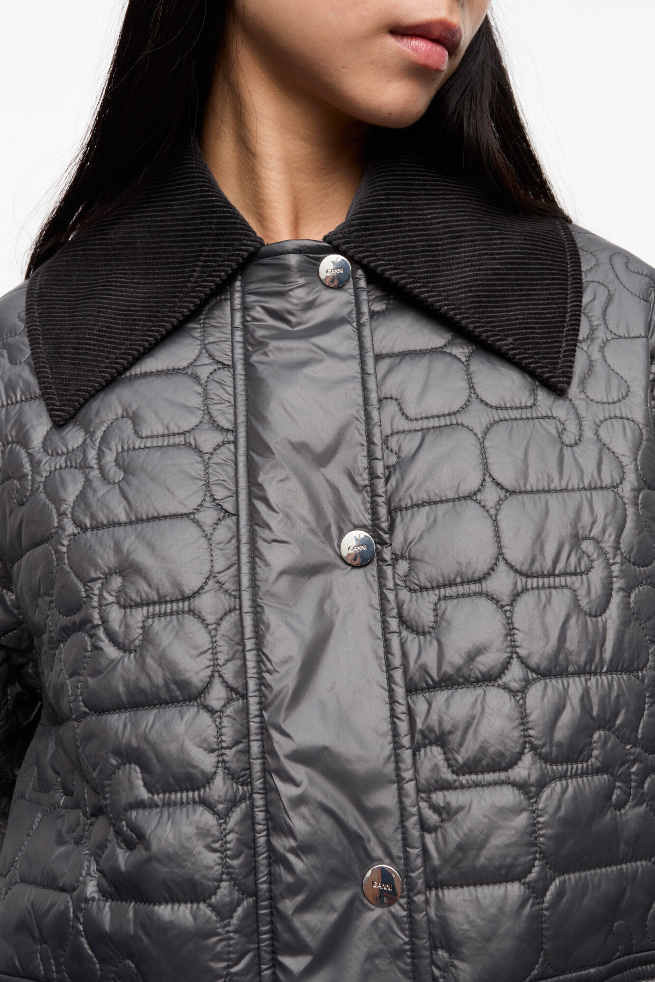 Phantom Black Shiny Quilt Midi Jacket | GANNI SE