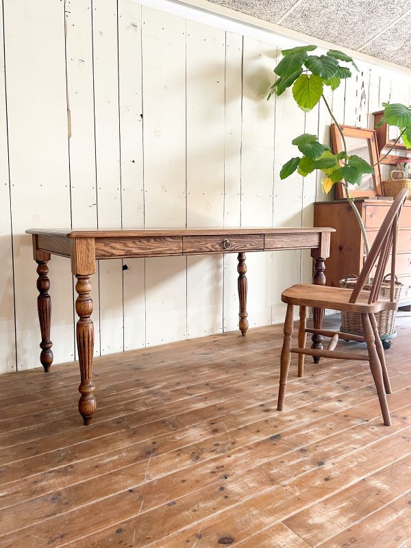 シャビーシックオーク天板ろくろ足テーブルW1200オーダーメイド実績