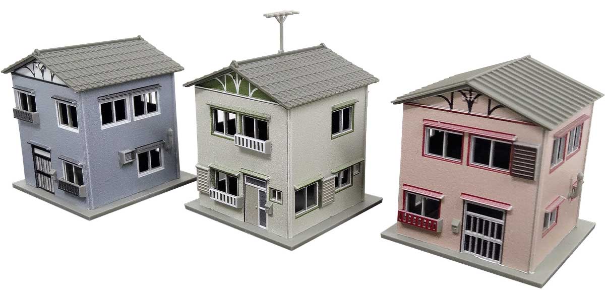 2600＞着色済み 住宅セットC（昭和モダン建築・3棟入り）｜着色済み