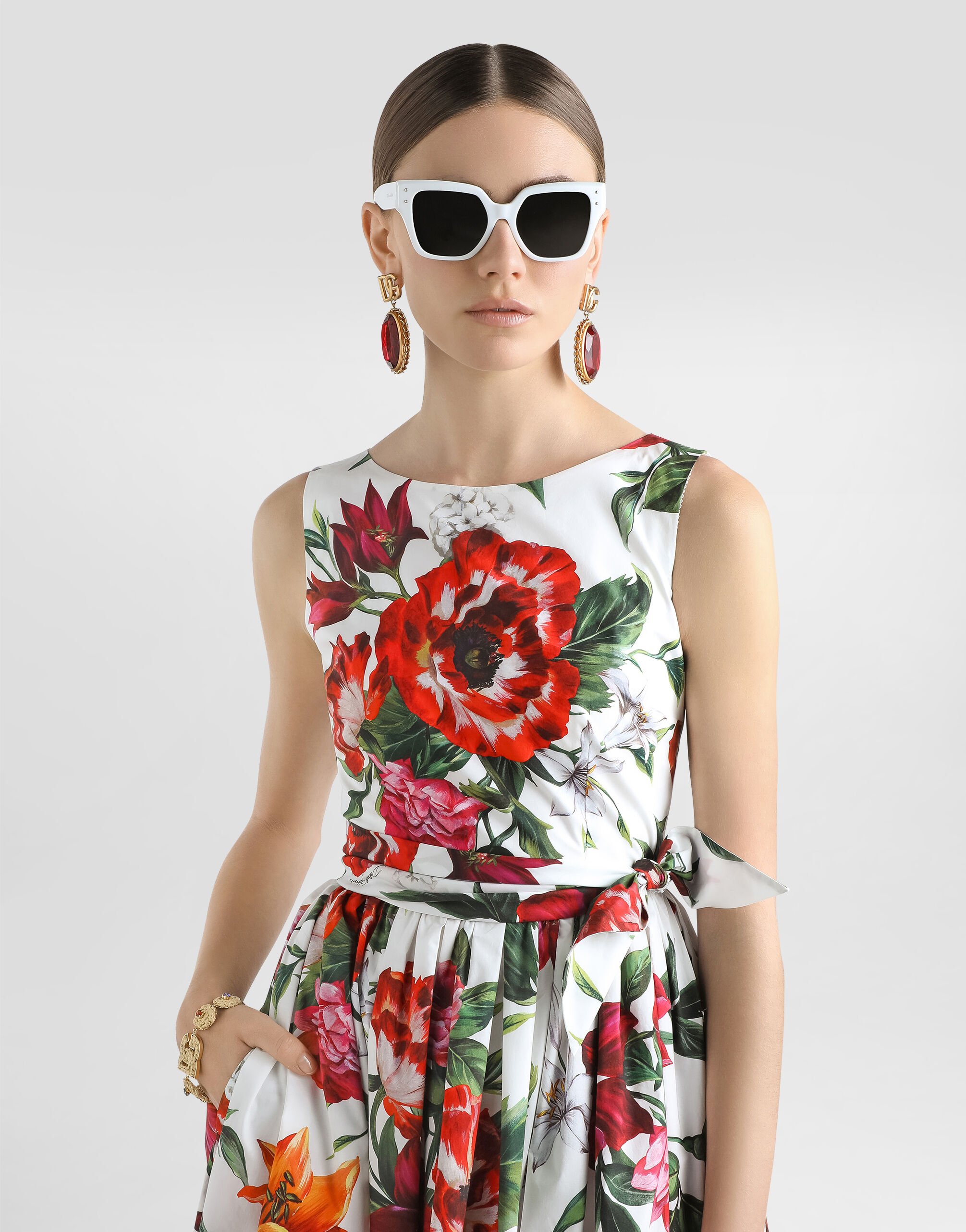 Flower-print sleeveless poplin dress in Print for Women
