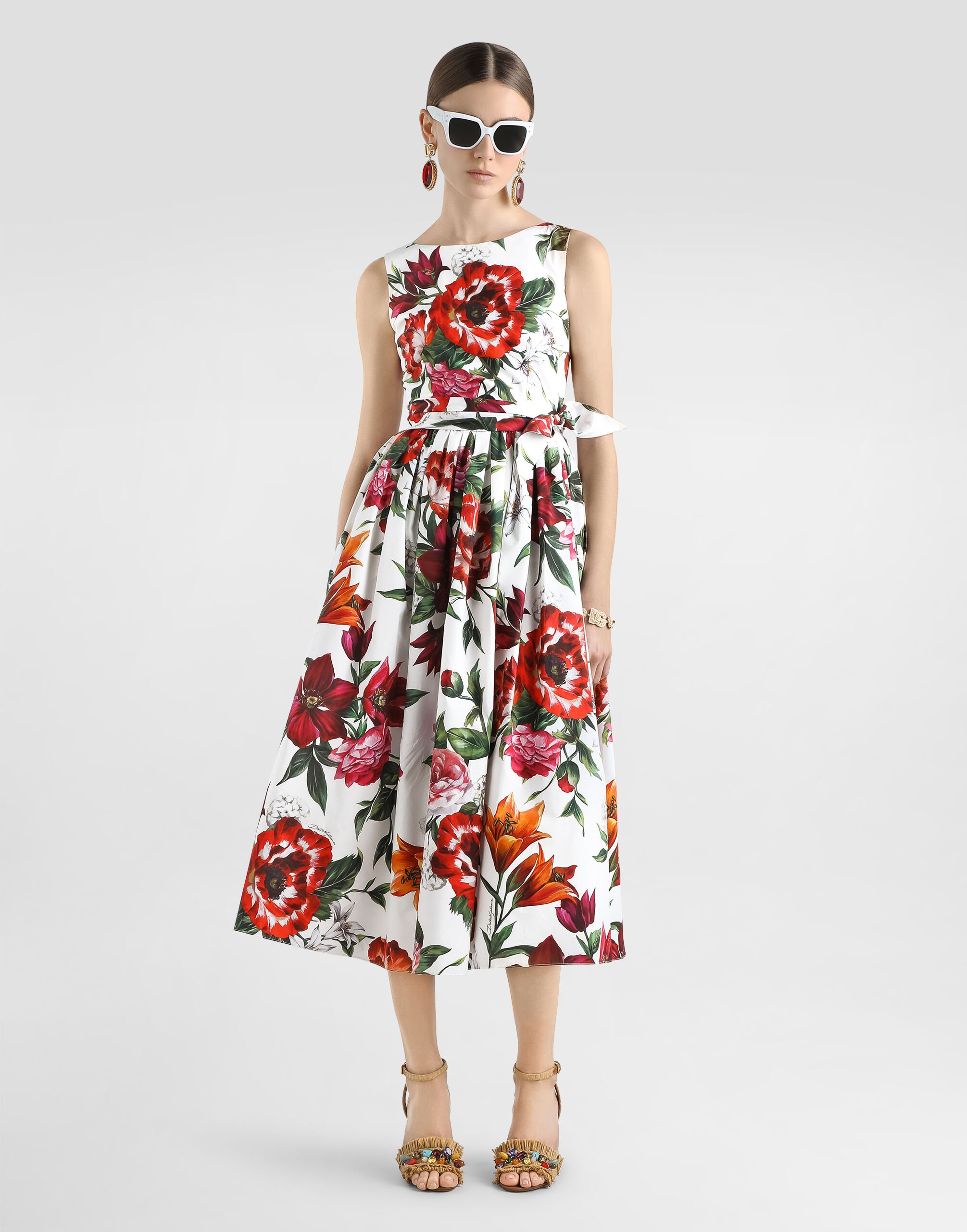 Flower-print sleeveless poplin dress in Print for Women