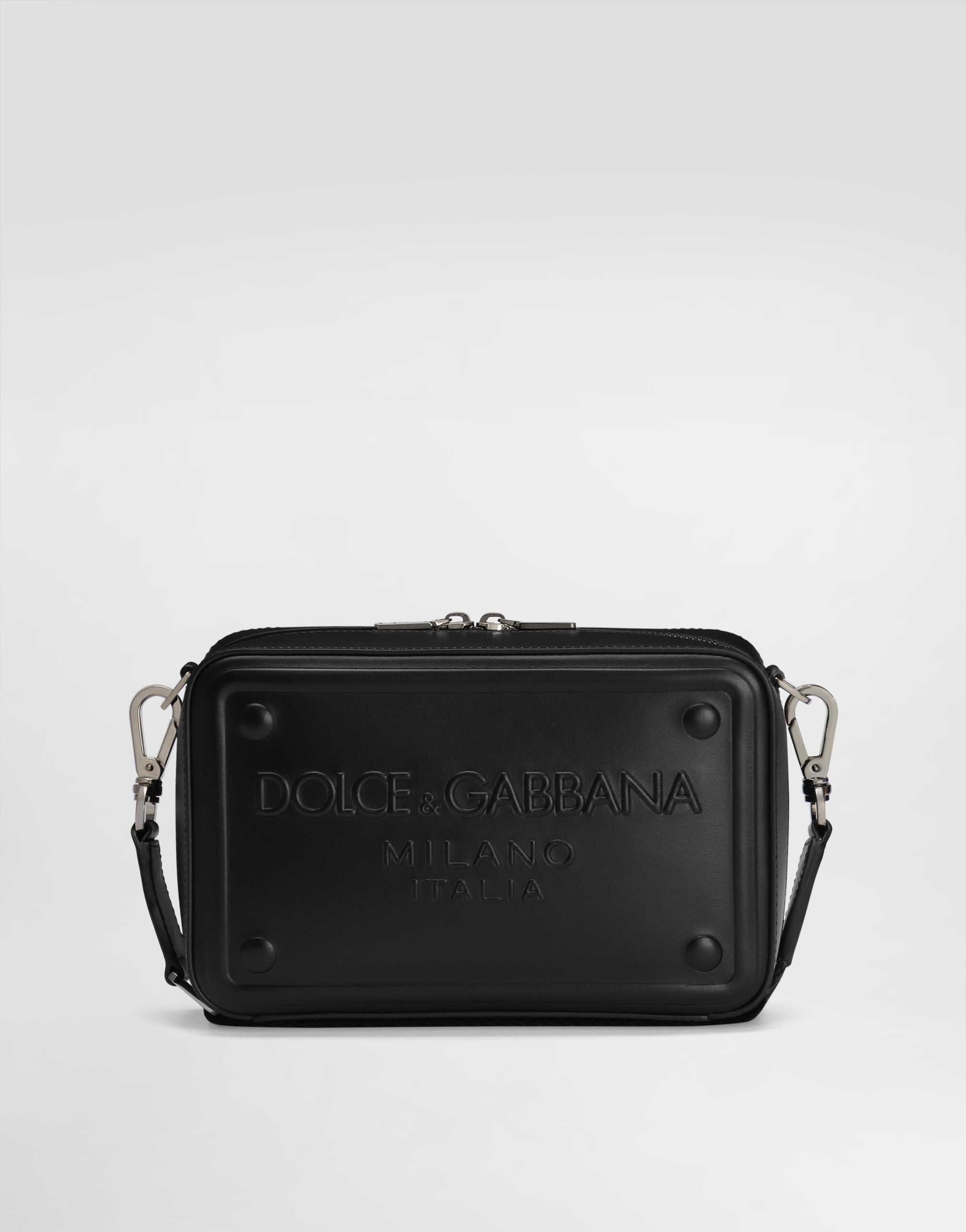 Calfskin crossbody bag with raised logo in Black for Men