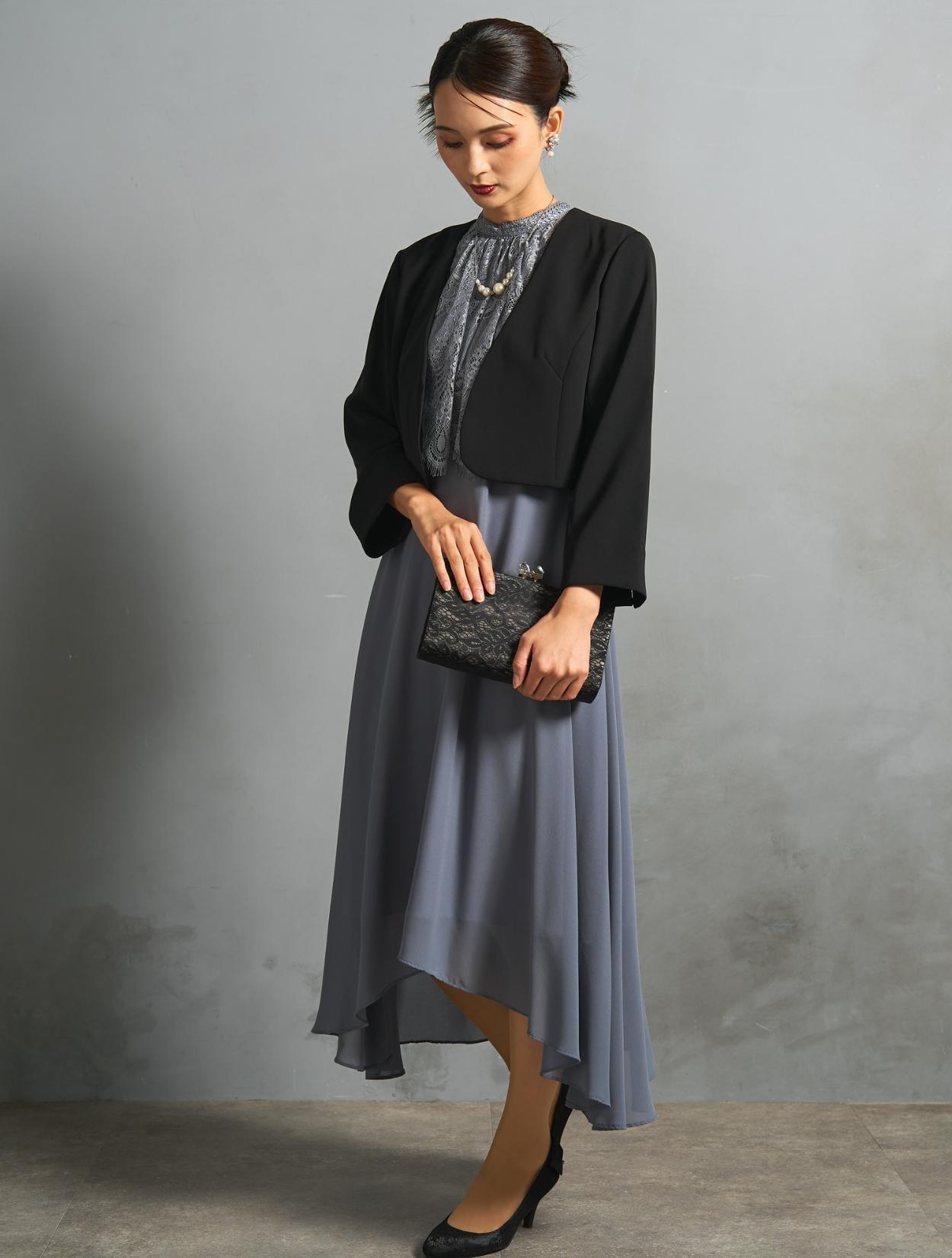 M/L】レーストップスヘム裾ドレス（ブルーグレー）DPSET0770のレンタル