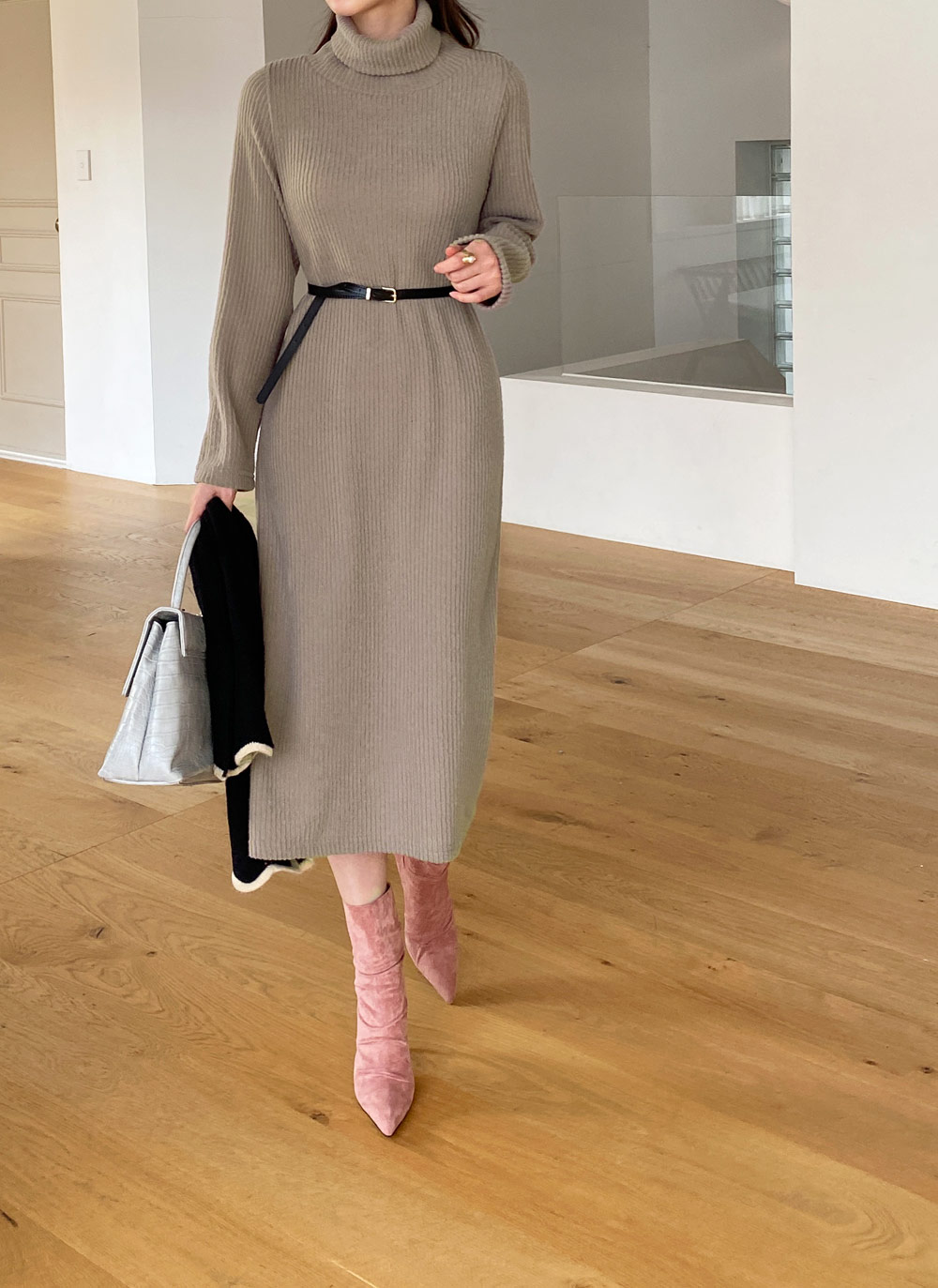 ベルト付Iラインタートルニットワンピース・全3色 | レディース