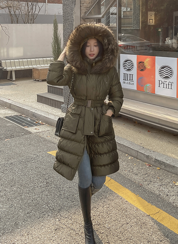 ファー&フード&ベルト付ダウンジャンパー | レディースファッション
