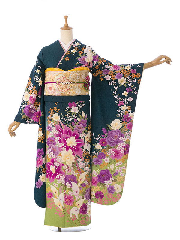 振袖|緑系|百合|対応身長:158-168cm|ｻｲｽﾞ:7号-13号 |6S019｜全国宅配可