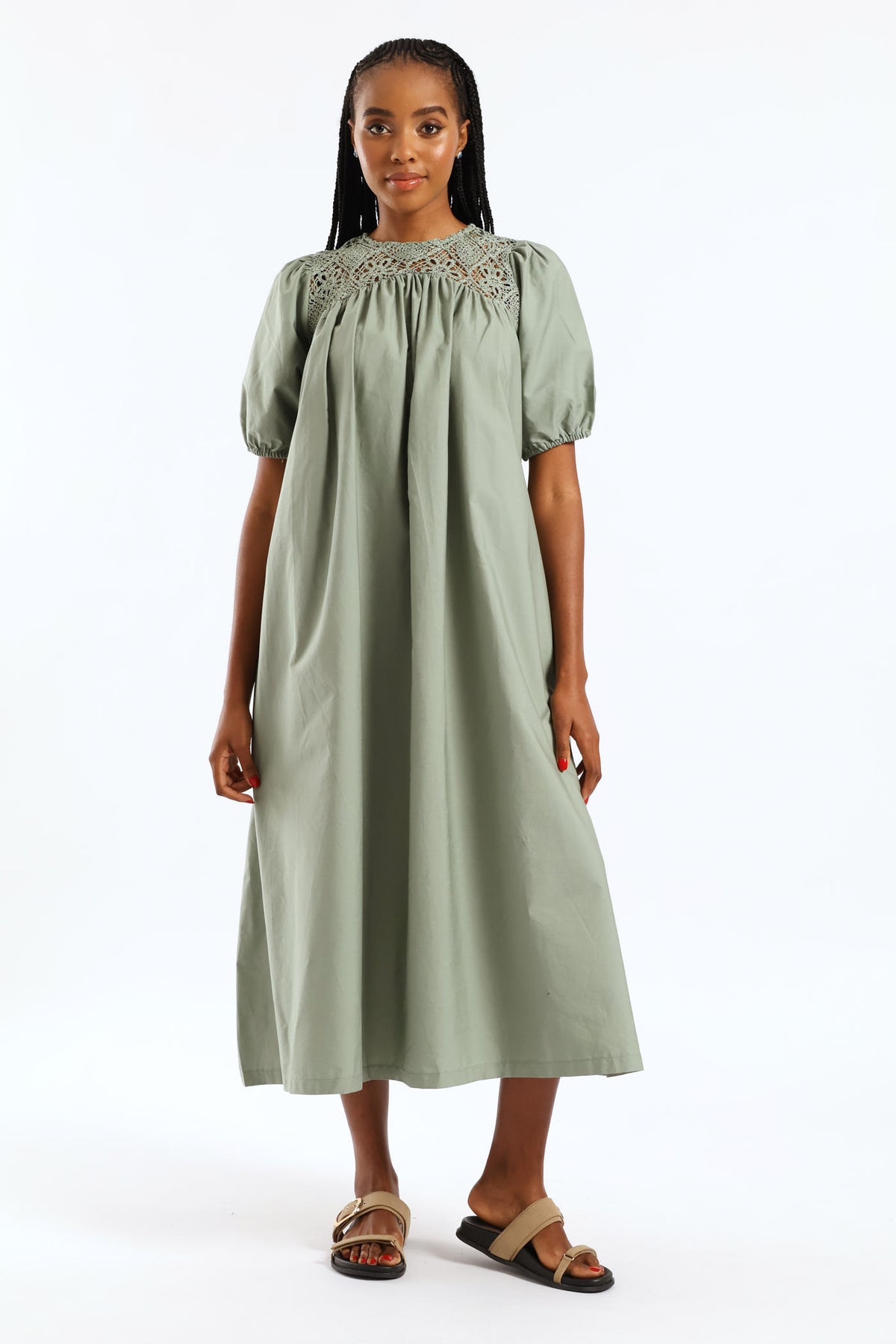 Ladies Puff Sleeve Crochet Yoke Midaxi Dress - Sage – Edgars