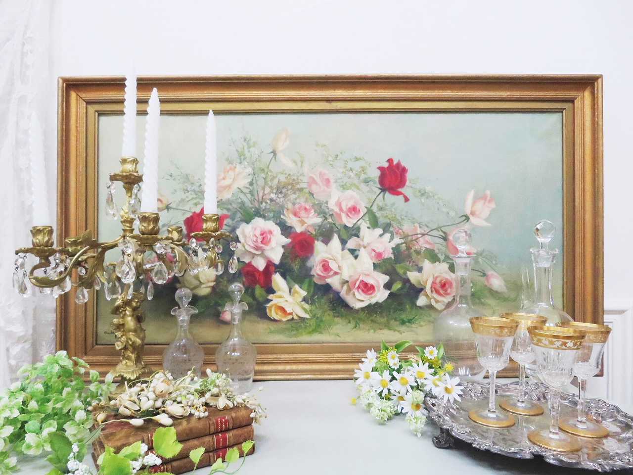 薔薇のある風景 静物画油絵 - 薔薇と天使のアンティーク