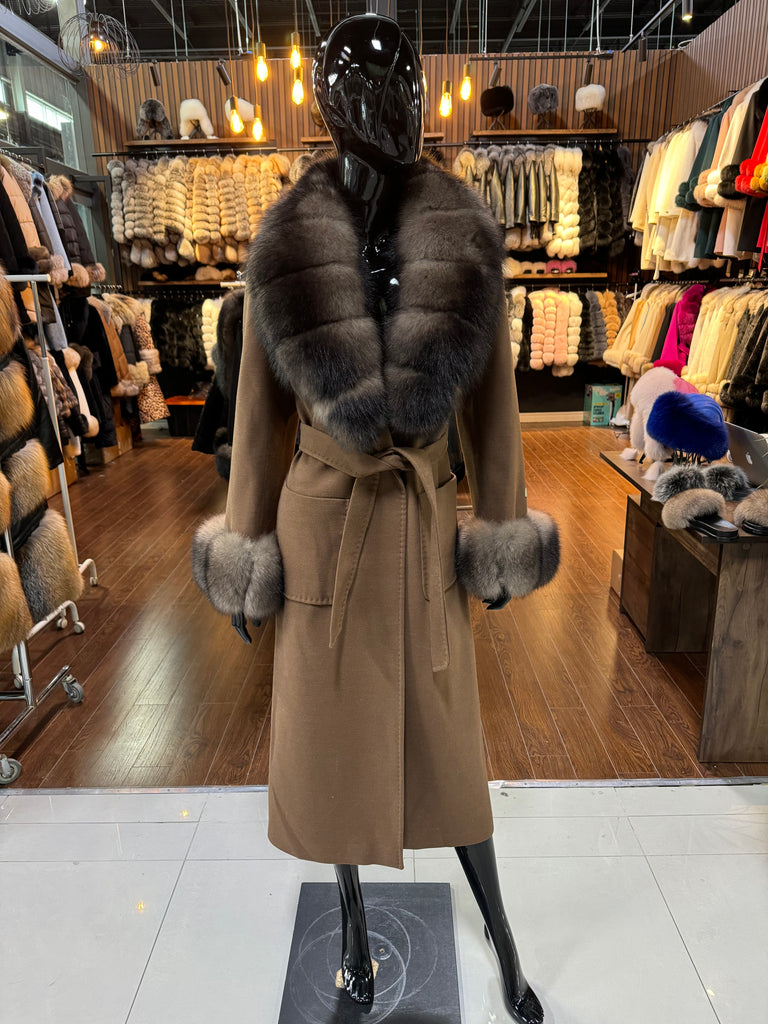 Brown Fox Fur & Cashmere Coat with Belt – Luxury Women's Winter