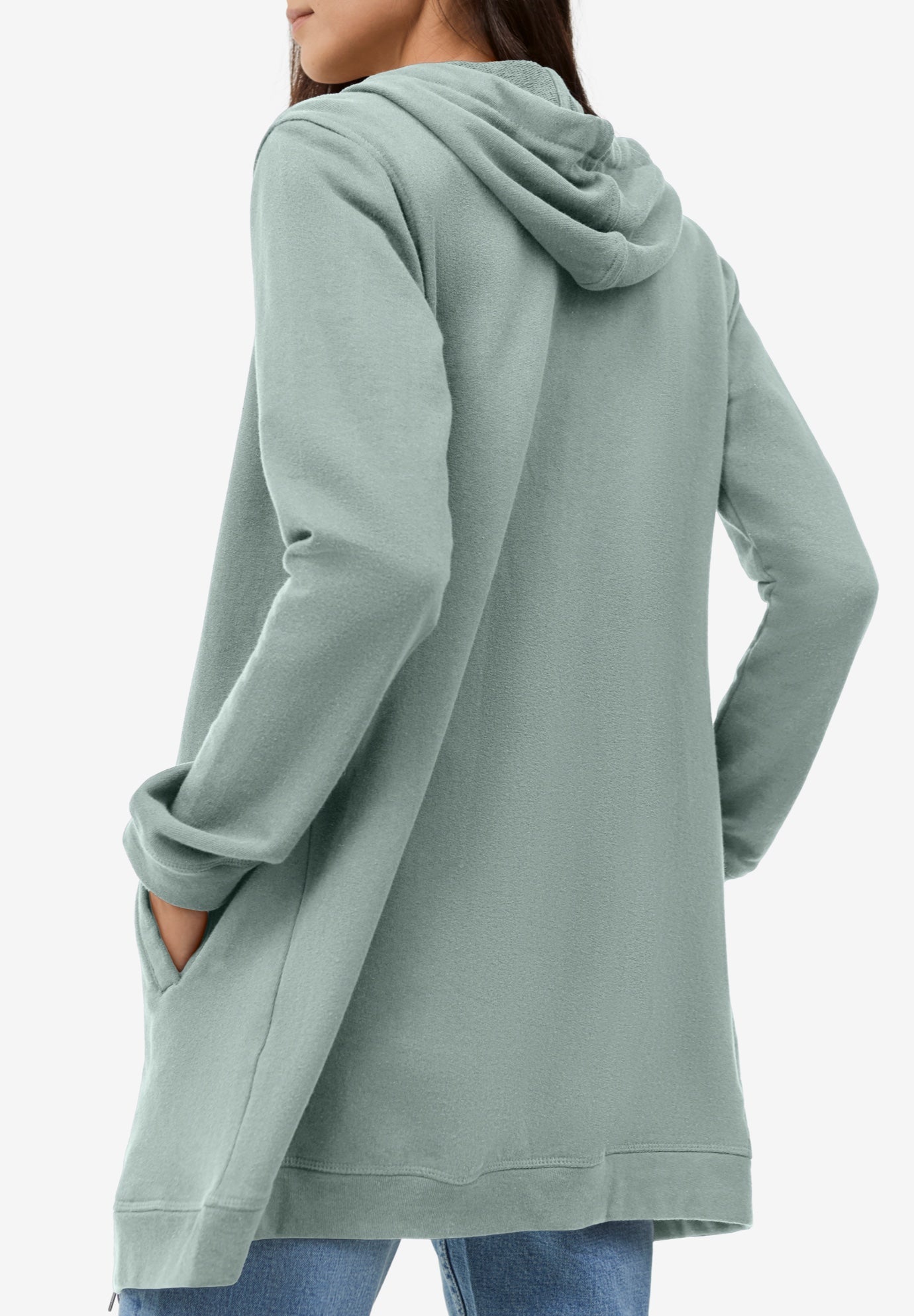 Long Zip Front Hoodie - French Terry Style, Grey Spruce | Ellos