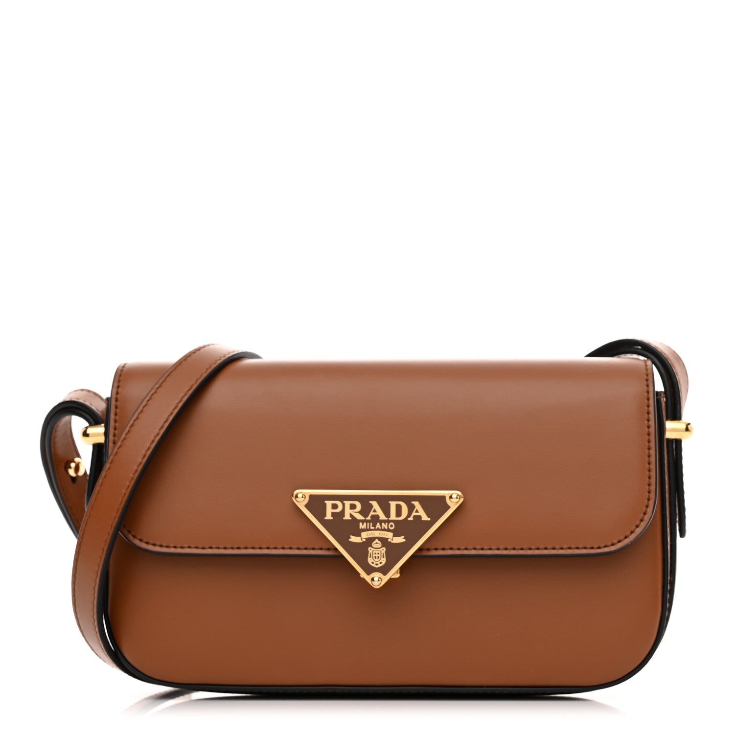 Prada Soft Calfskin Metal Triangle Logo Flap Shoulder Bag Cognac