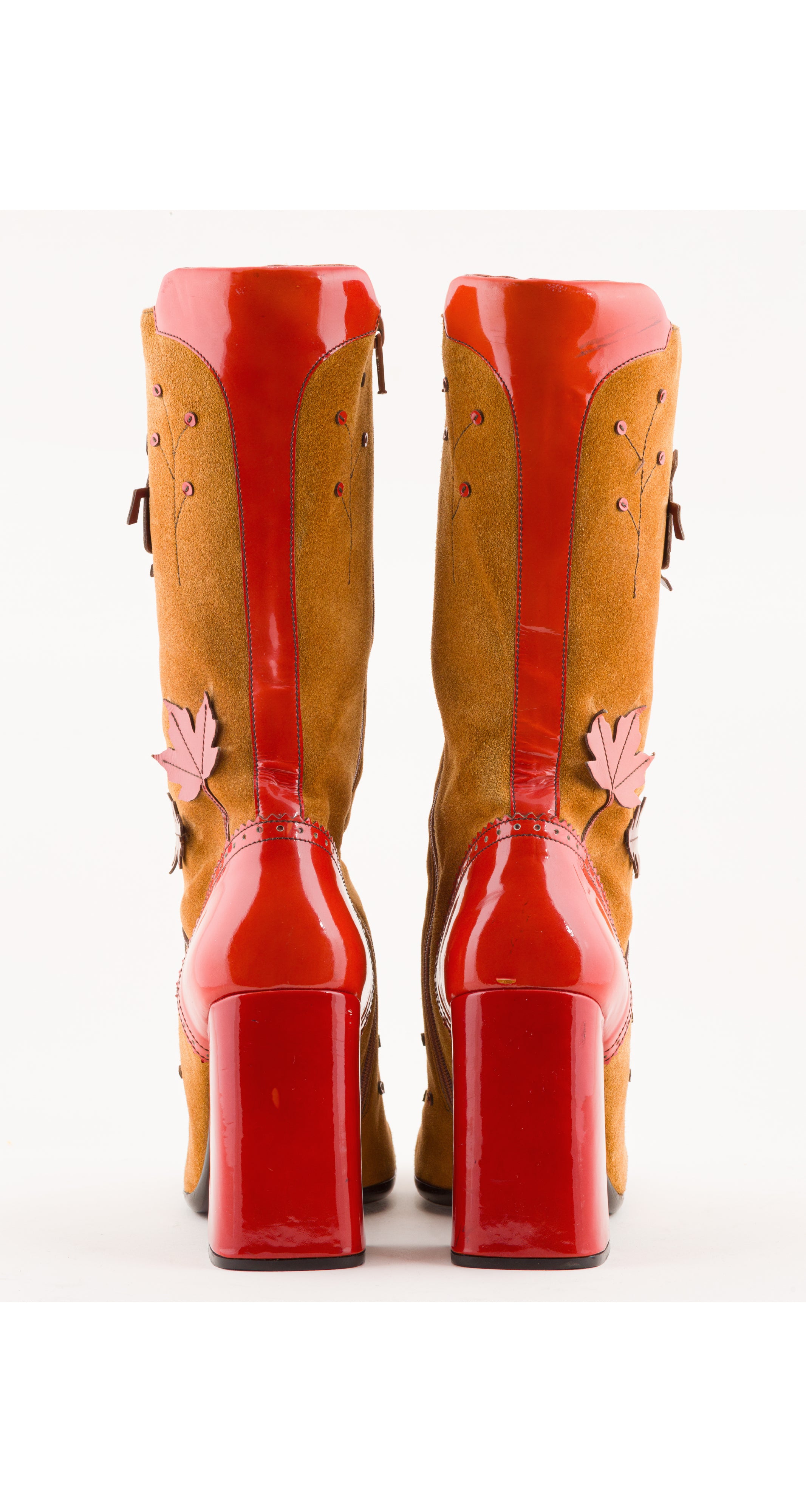 Prada 1999 F/W Autumnal Bug & Leaf Applique Suede Boots