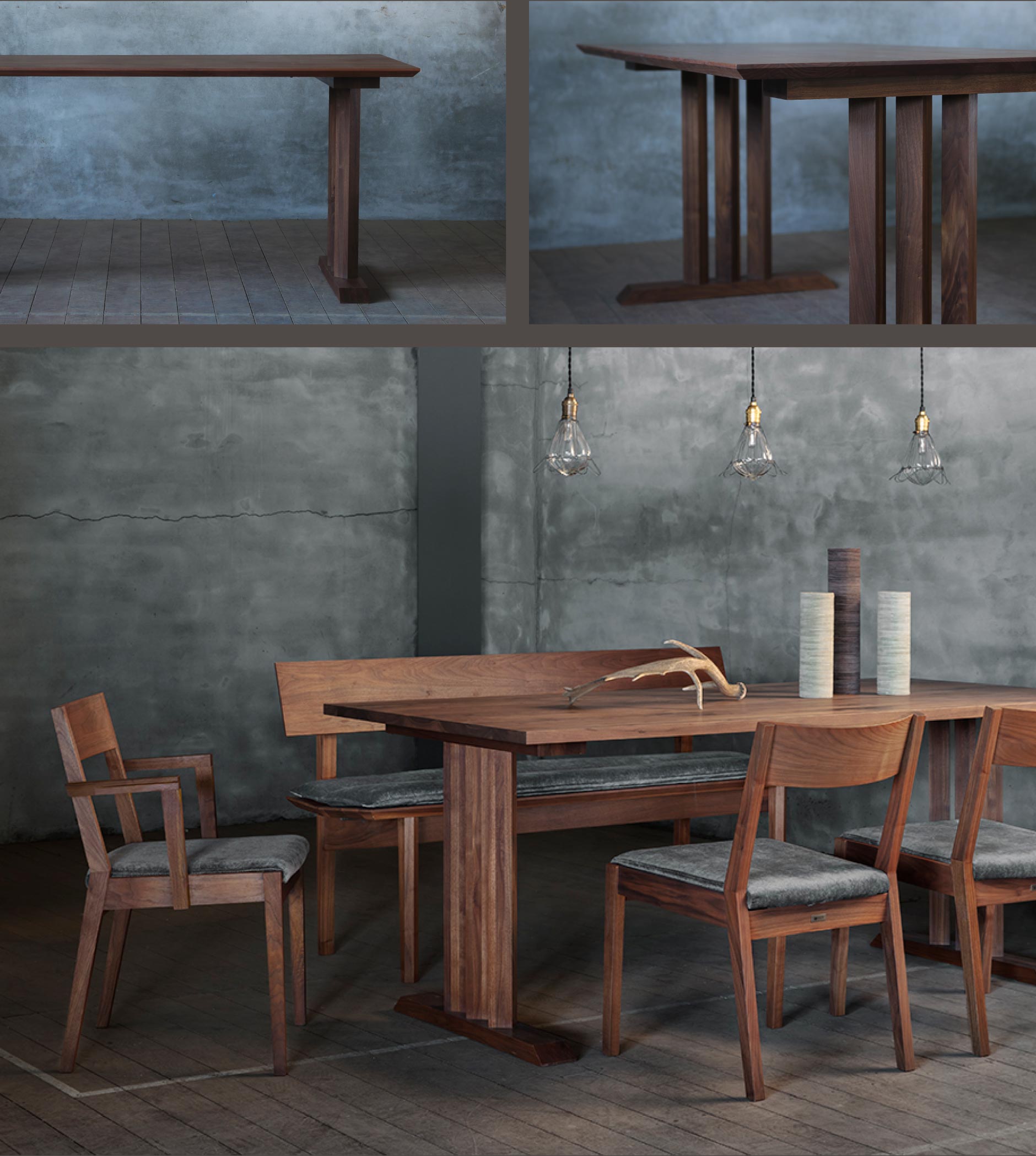 無垢材の重厚感溢れるT字脚ダイニングテーブル｜SOLID福岡