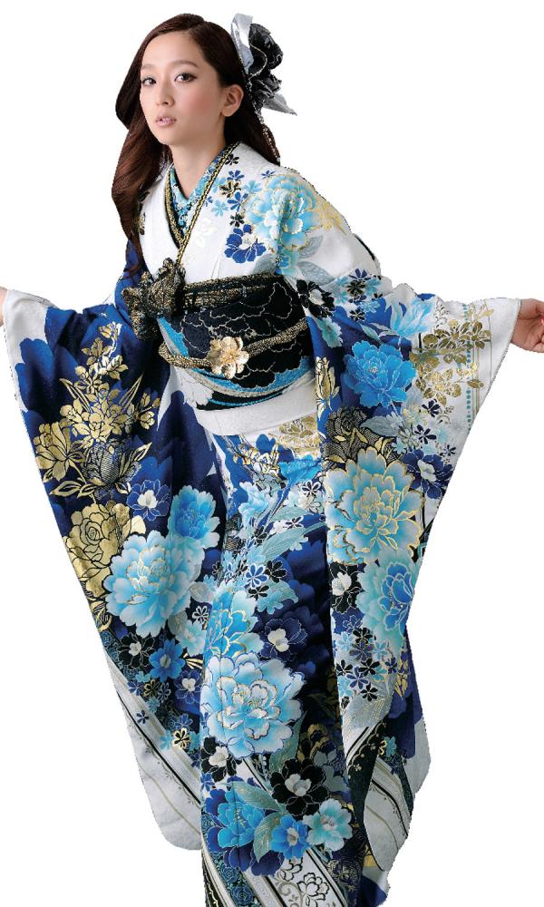 青とゴールドの牡丹/白色┃クール&ビューティー【菊京屋】