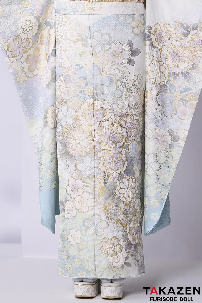 最高級古典柄振袖 関芳/最高級金彩刺繍絞り友禅 水色/白/淡い色 お