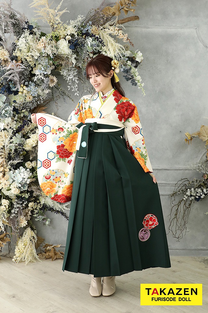 綺麗目古典 白/オレンジ/赤 花柄 定番 上品袴ネットレンタル 可愛い