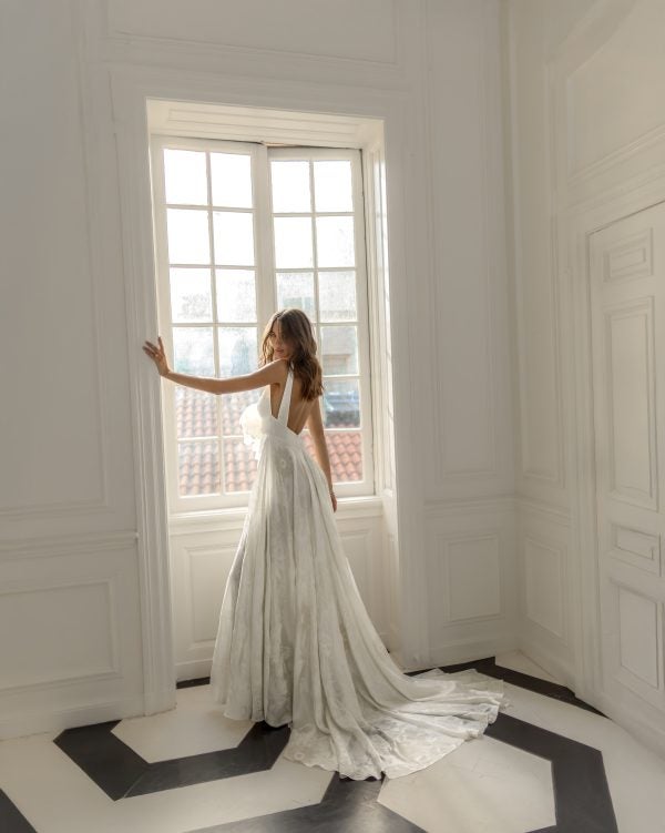 Chic V-Neck Floral Jacquard A-Line Gown | Kleinfeld Bridal