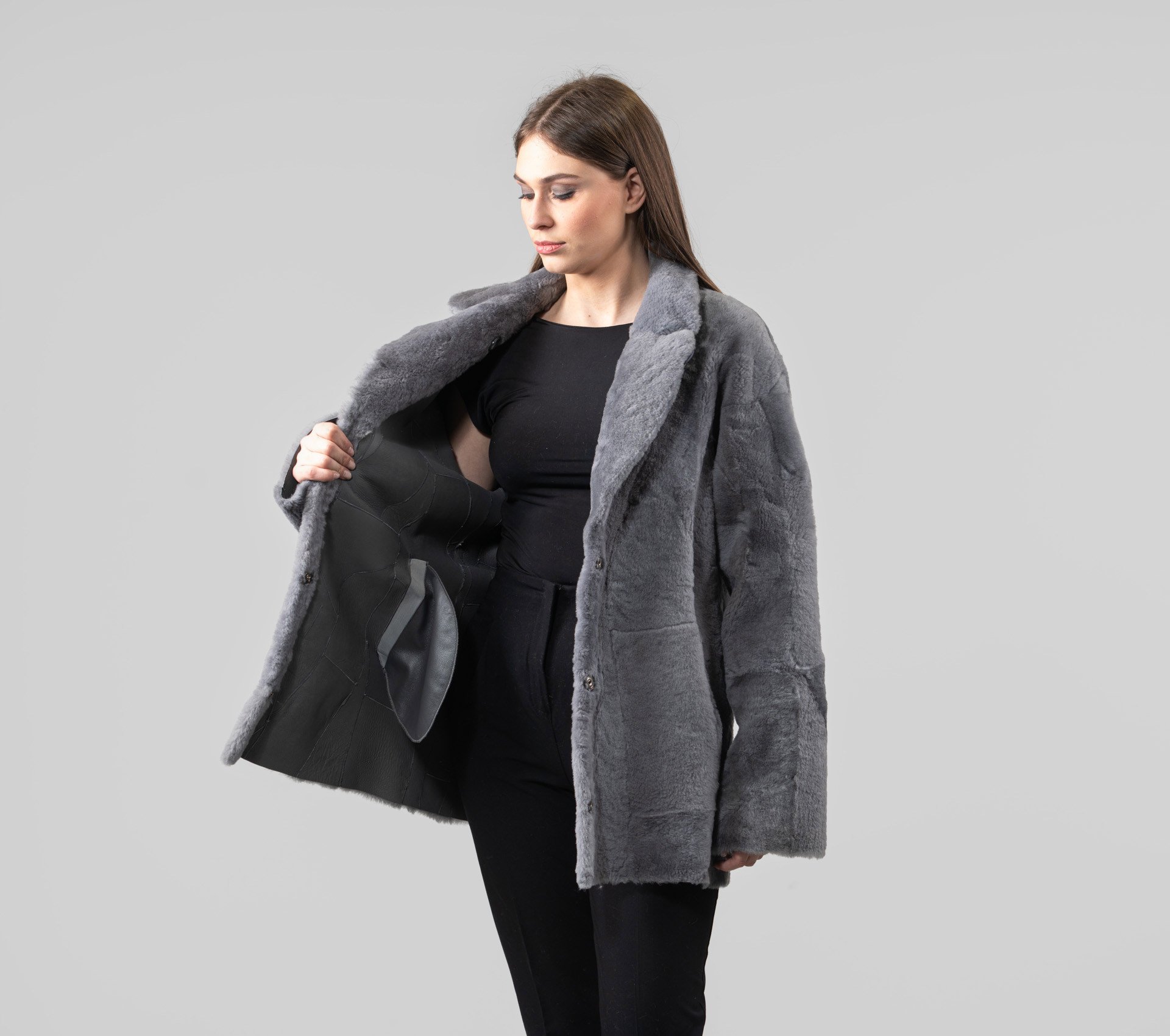 Grey Shearling Jacket With Notched Collar - 100% Real Fur