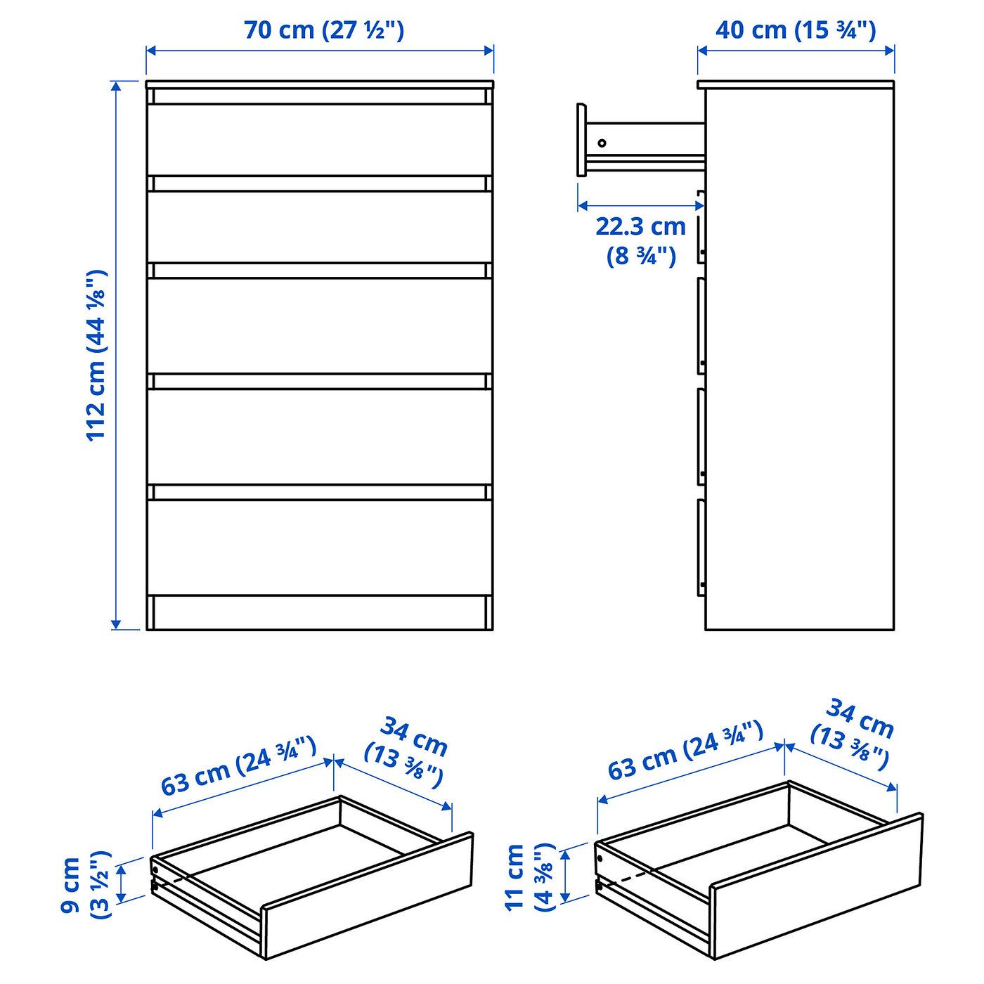 KULLEN クレン チェスト（引き出し×5）, ホワイト, 70x112 cm - IKEA