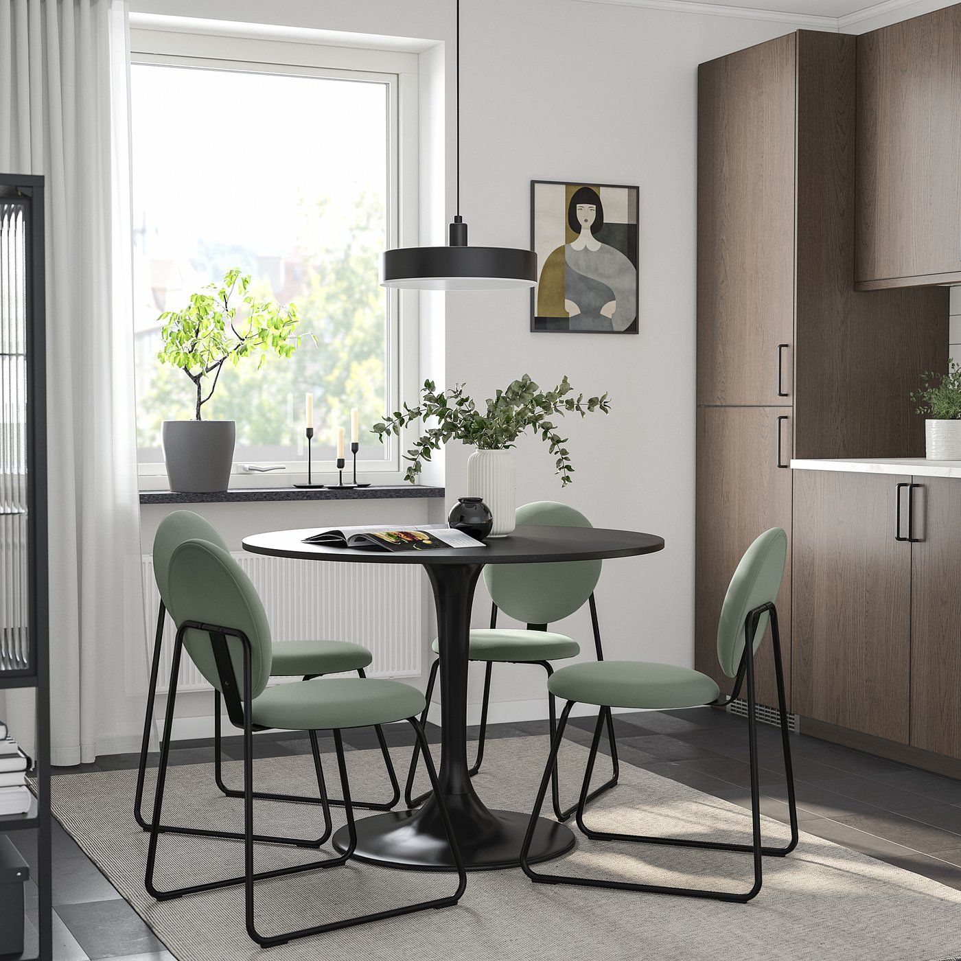 DOCKSTA / MÅNHULT table and 4 chairs, black black/Hakebo gray