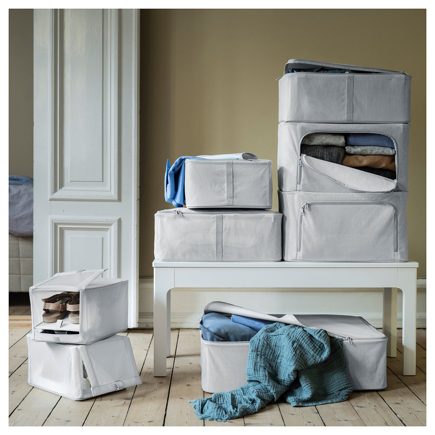 HEMMAFIXARE shoe box, fabric stripe/white/gray, 9x13x7
