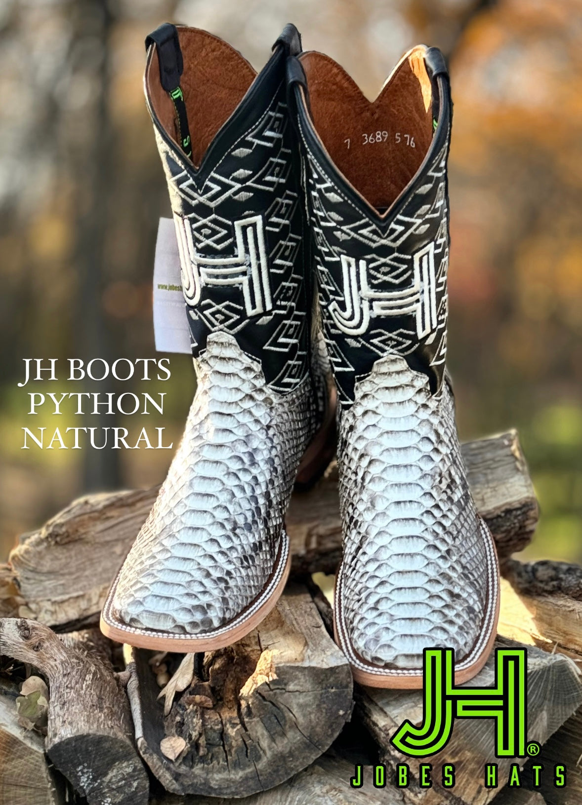 New 2024 Mens JH Black Python “Natural” Square Toe Boots – Jobes