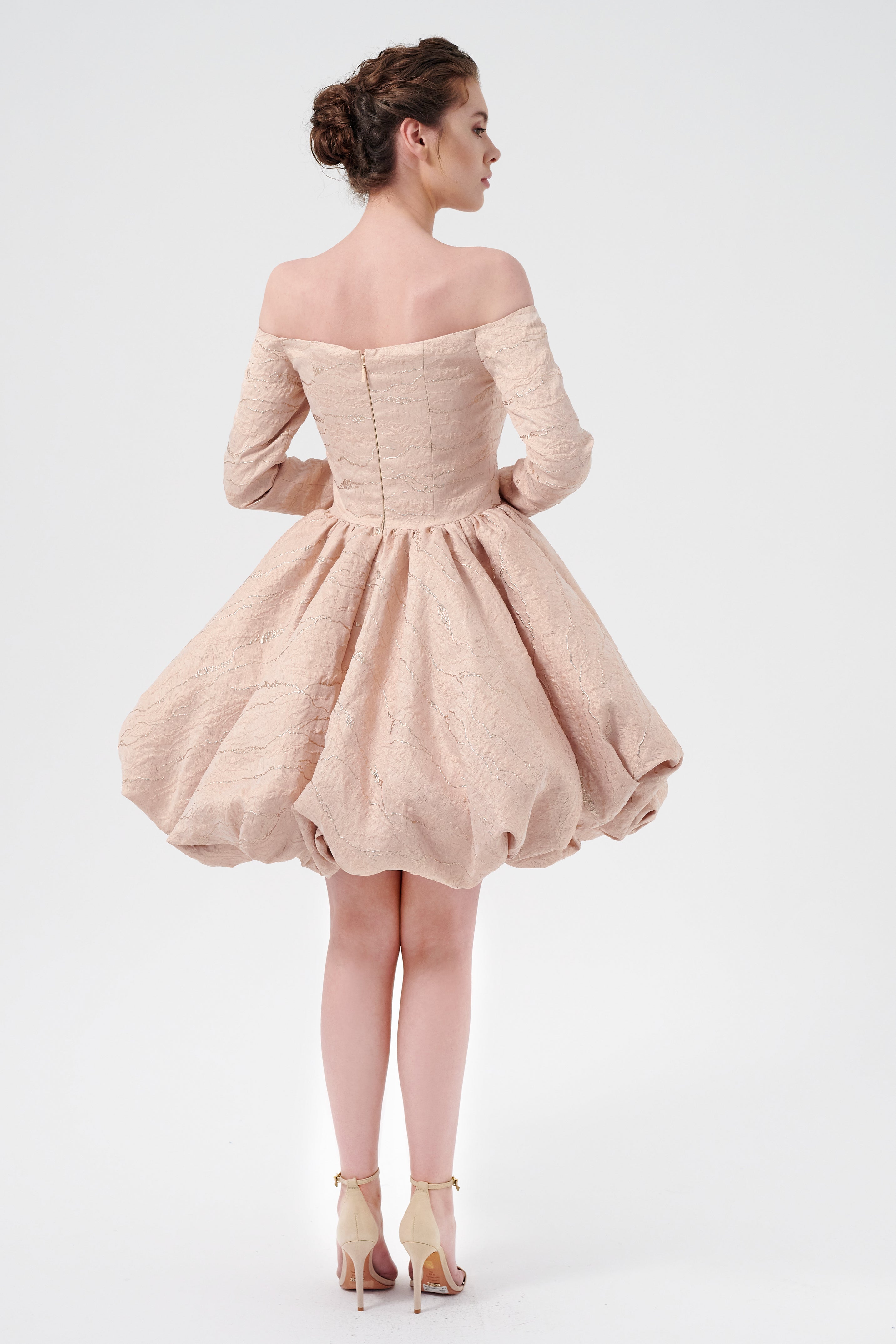 Off-The-Shoulder, Long Sleeve, Balloon Skirt Mini Jacquard Dress