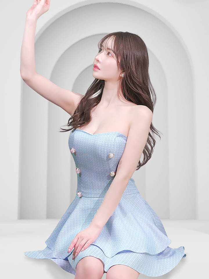 JENNNY】ツイードベアトップフレアドレス/パールボタン/谷間見せ/背中