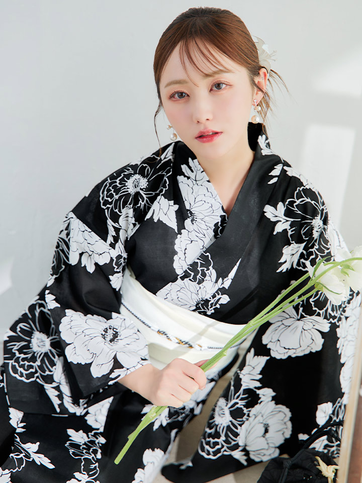 即日発送】モノトーン牡丹柄浴衣 【浴衣3点セット 浴衣/帯/下駄