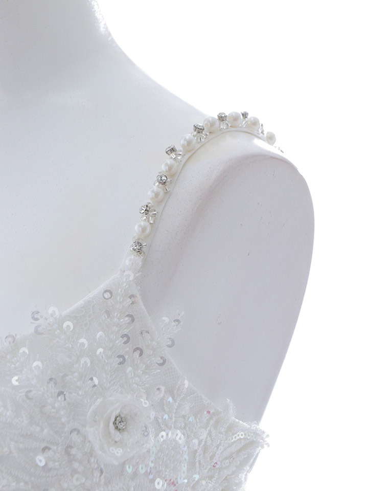 ビーズ刺繍ロングドレス/ビジュー/パール紐/レース/谷間見せ/背中見せ