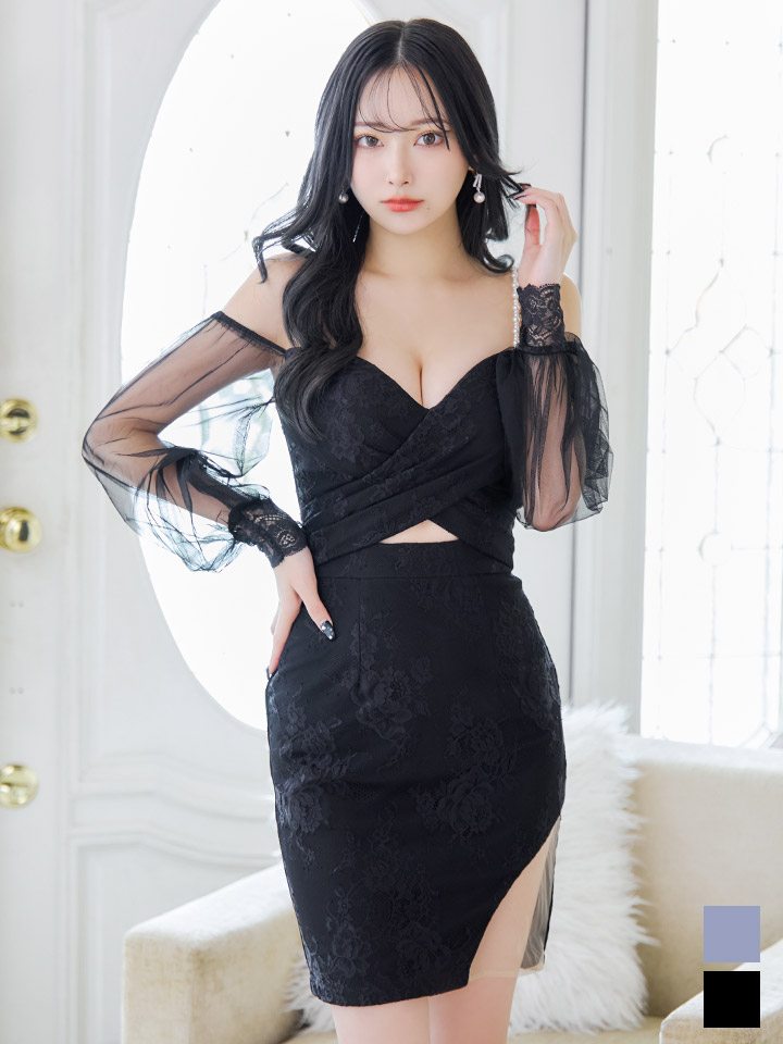 SALE!ビジューキャミソールオフショルダードレス/ロングスリーブ/谷間