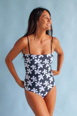 Women's Strappy One Piece in Black Plumeria - OF ONE SEA