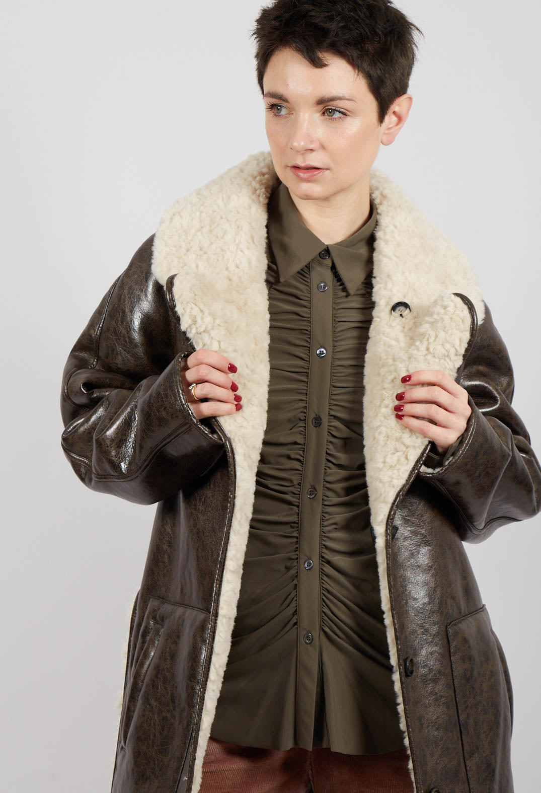 Reversible Faux Fur and Suede Jacket in Khaki Crackle – Olivia May