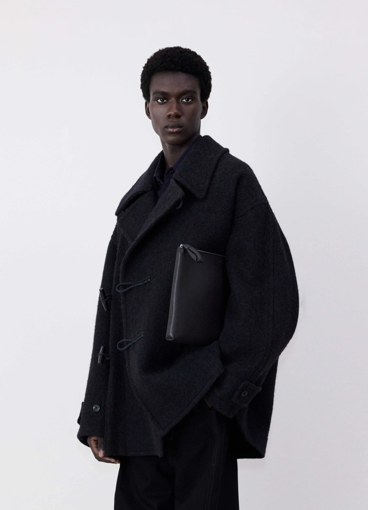 SHORT DUFFLE COAT IN WOOL ALPACA - Black - Soft Wool Alpaca