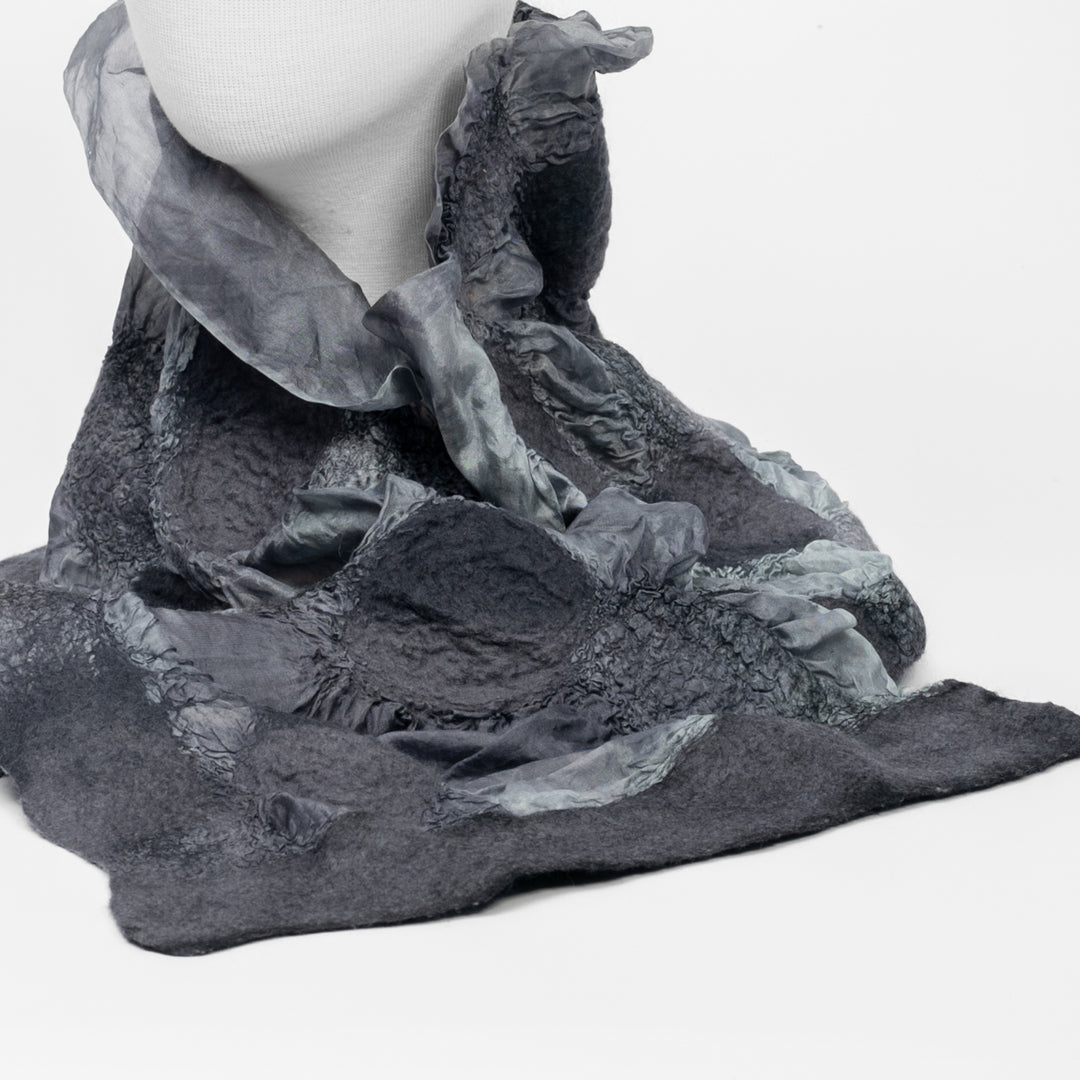 Lightweight dark grey silk and felted wool scarf, handmade in