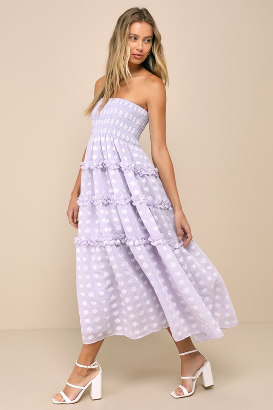 Lavender Dress - Strapless Smocked Dress - Tiered Midi Dress - Lulus