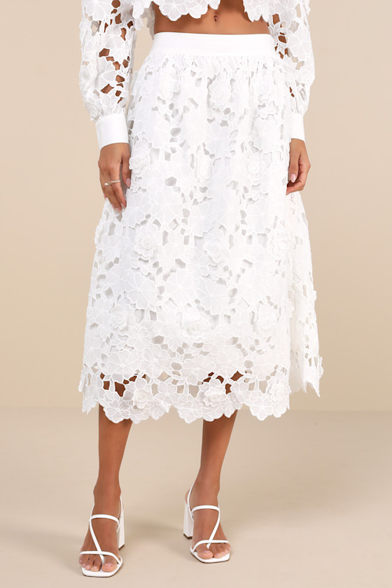 En Saison Ottis - White Laser-Cut Floral Skirt - 3D Midi Skirt - Lulus