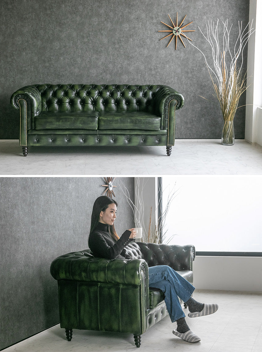 lushroom チェスターフィールド ソファ 3人掛け 本革 キャメル
