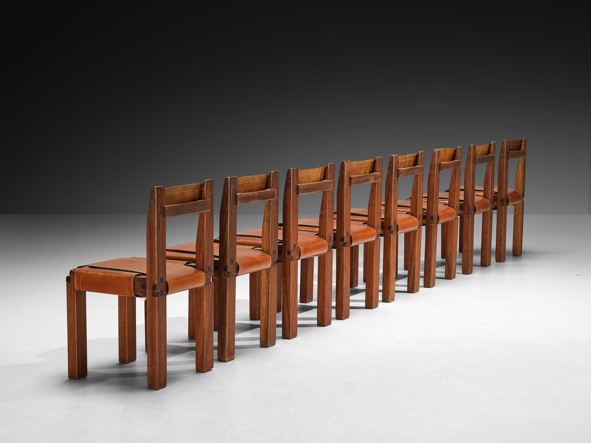 Rare Pierre Chapo Set of Eight S11 Dining Chairs in Sipo Wood and Leat