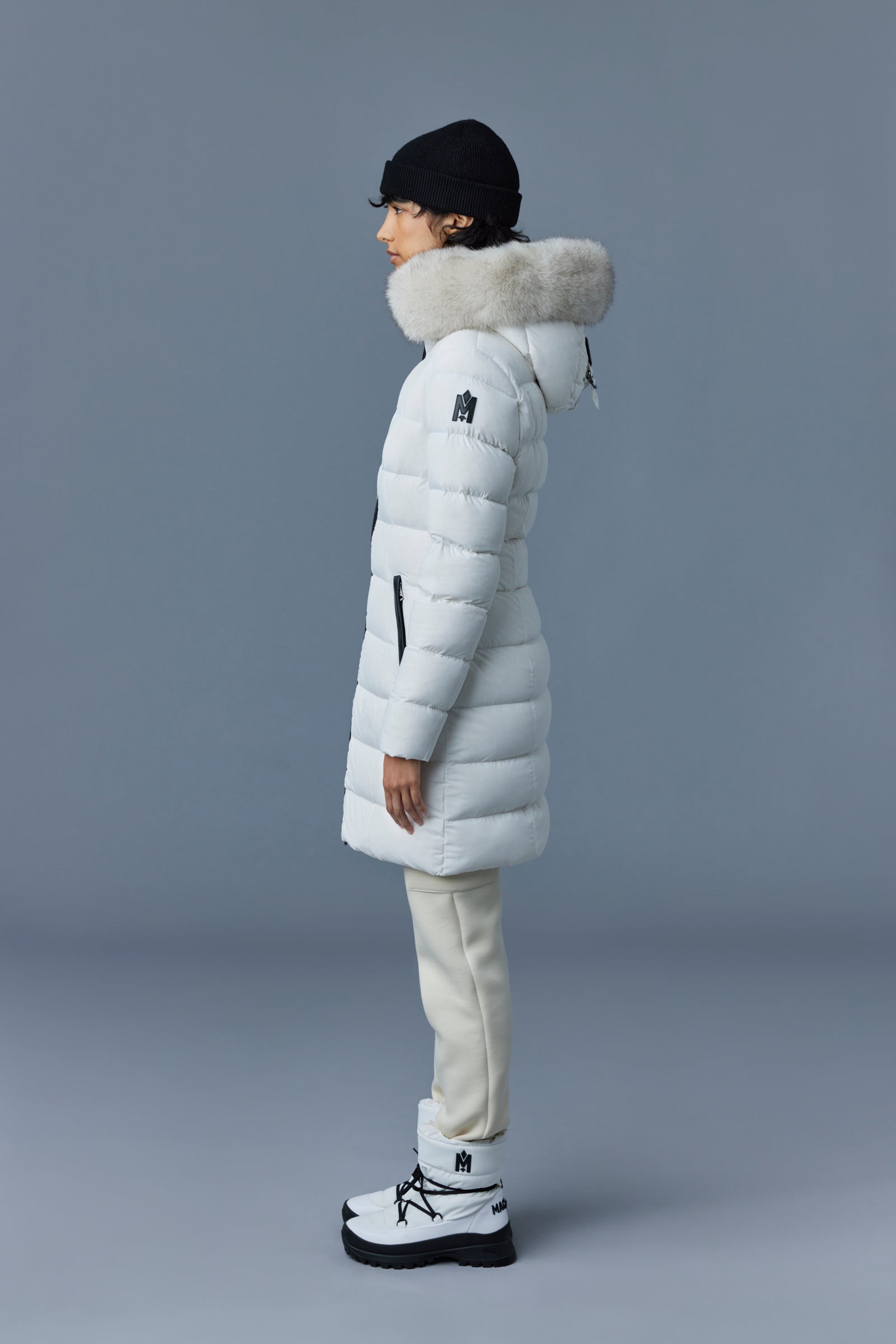 Calla, Agile-360 stretch light down coat with blue fox fur collar