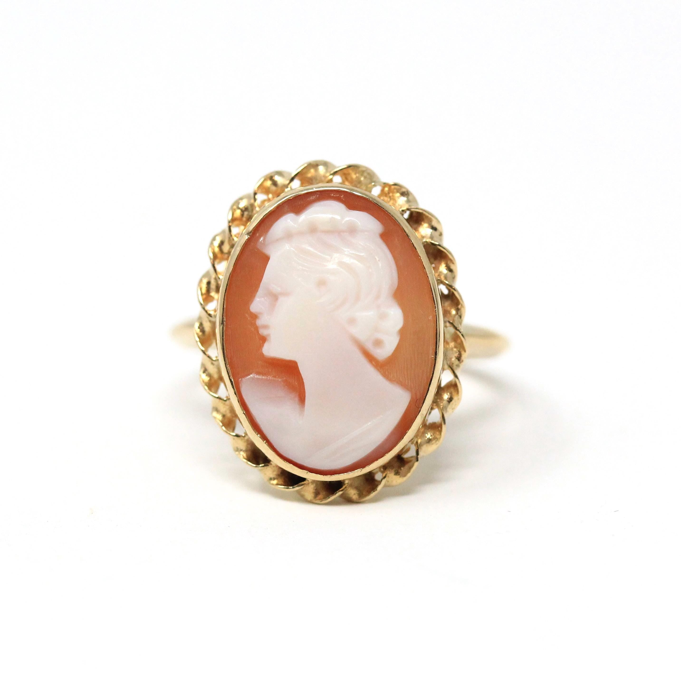 Vintage Cameo Ring - Retro 14k Yellow Gold Orange White Genuine