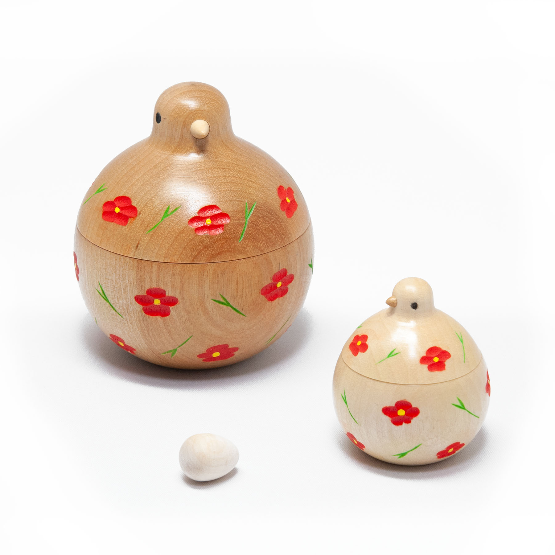 鳩の親子（木地色に赤花） | ギャラリーまきの 信州の木製品と美術工芸