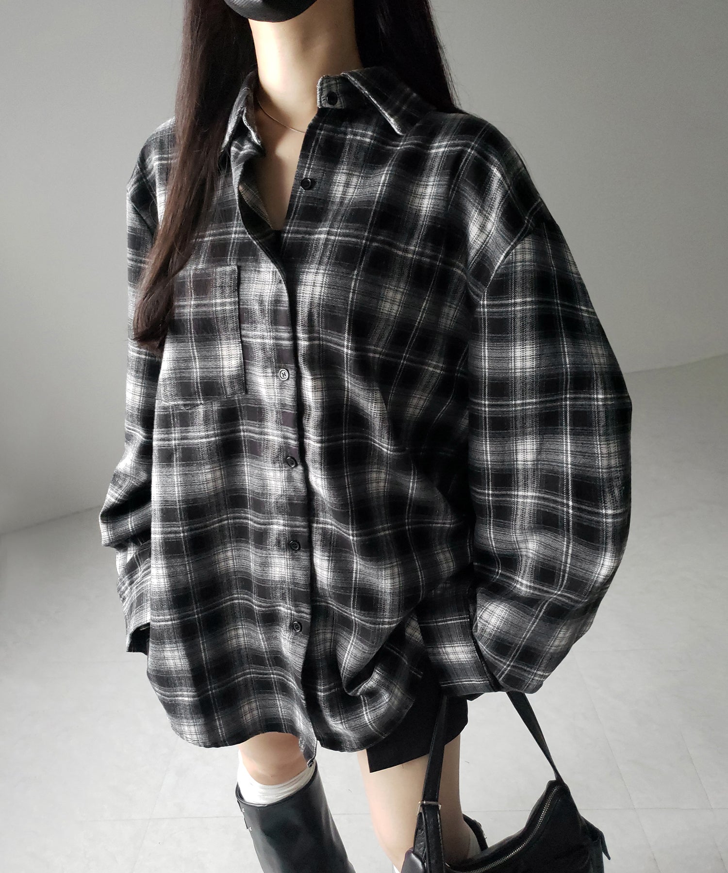ビッグシルエットブラックチェックネルシャツ ／ big silhouette black