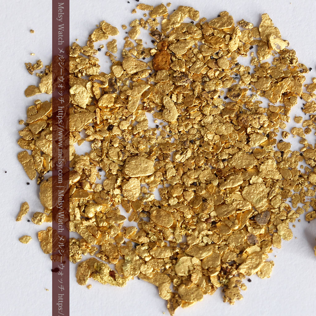3.37gの小さな砂金・薄片金とやや粒の大きな自然金3点