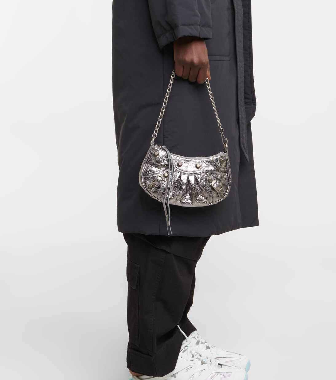 Le Cagole Mini leather shoulder bag in silver - Balenciaga | Mytheresa