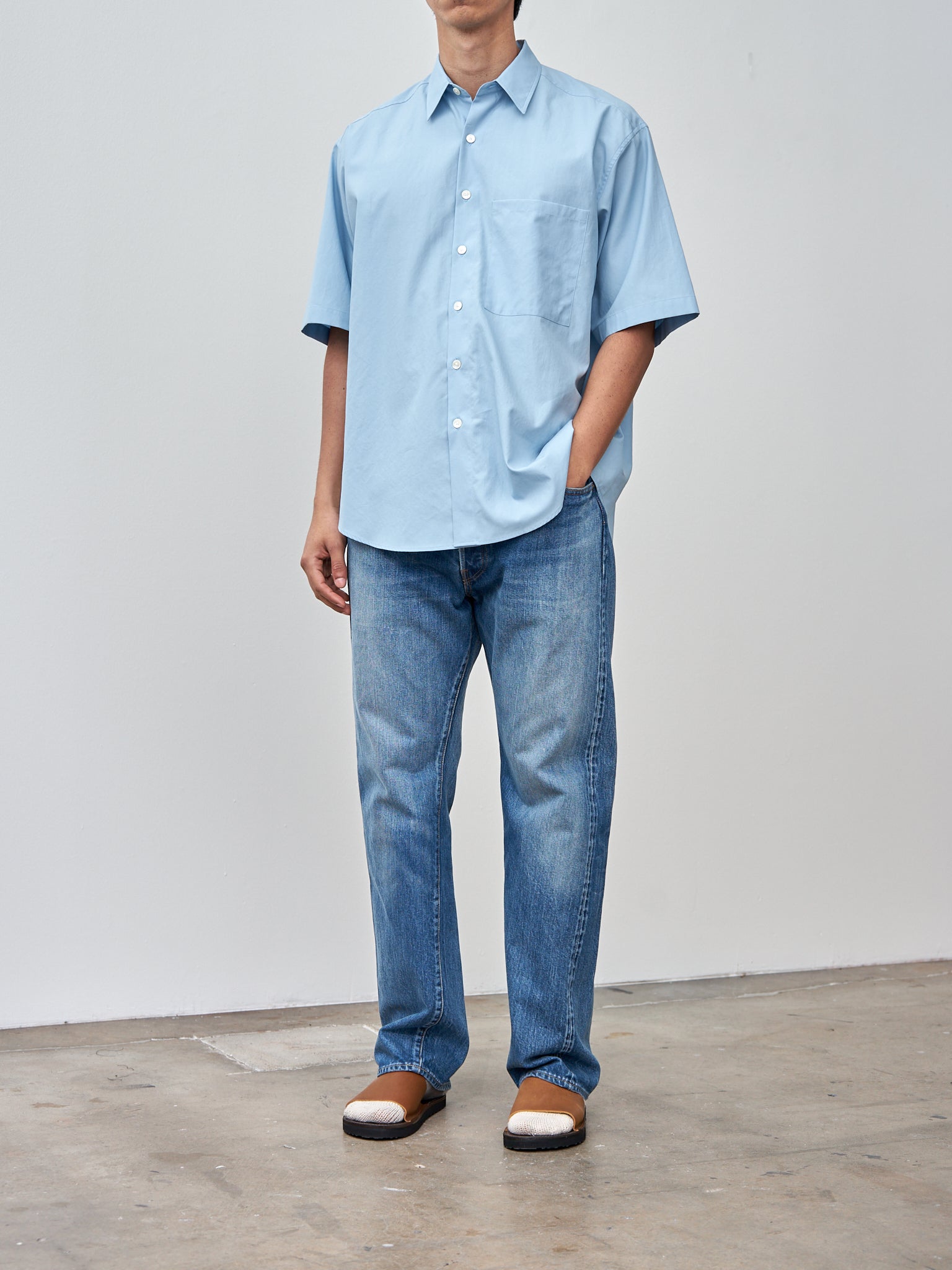 Namu Shop - Auralee Washed Finx Twill Big Half Sleeved Shirt - Sax