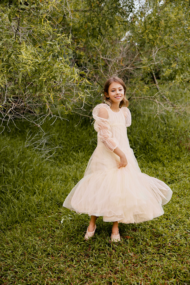 Allison Dress | Maxi pink tulle flower girl dress with puff