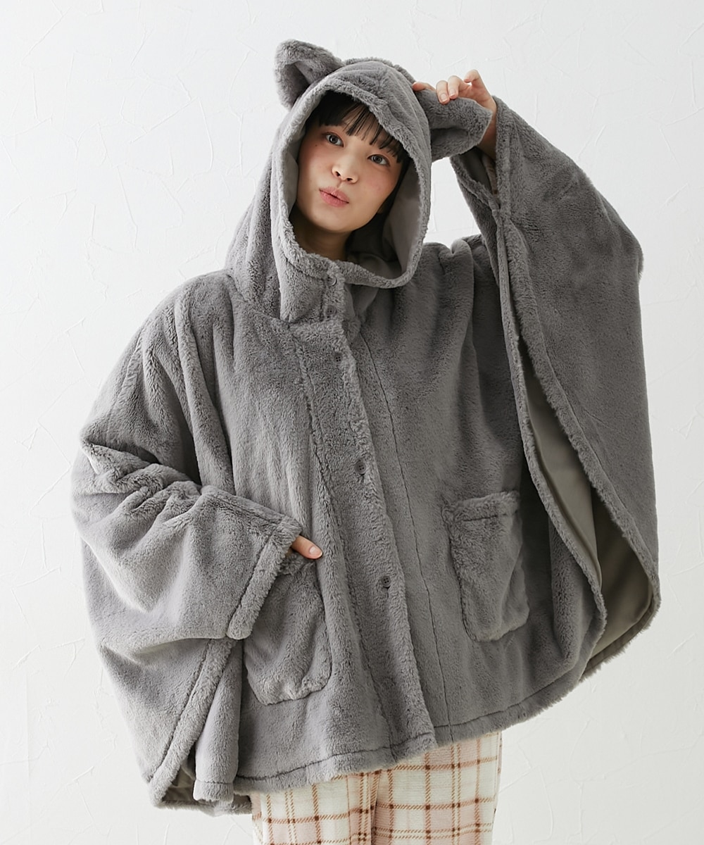 着れば猫 耳付き前開きルームポンチョ 通販【ニッセン】